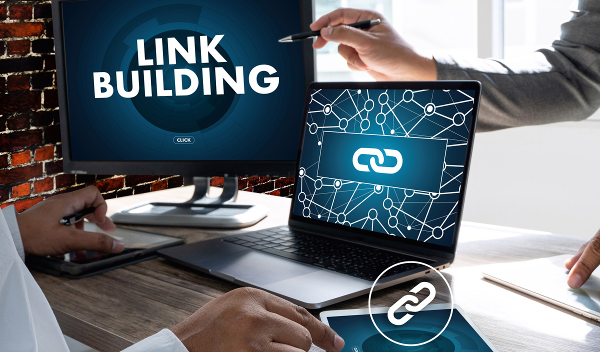 Link Building Displayed On Computer Screen SEO Marketing Shown On Devices