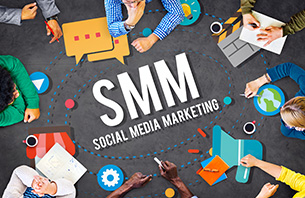 Business people around social media marketing SMM concept