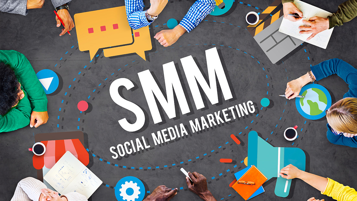 Business people around social media marketing SMM concept