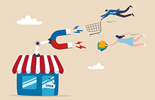 Illustration of a store pulling customers back with a magnet